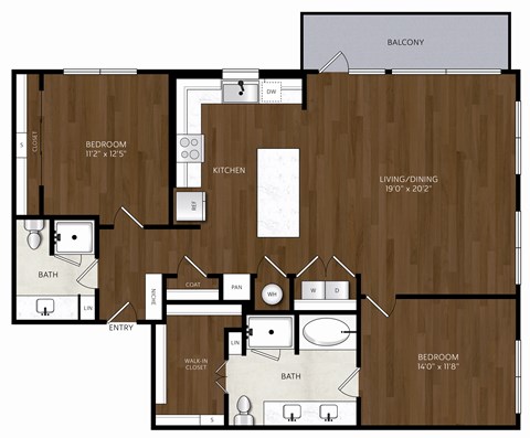 Floor plan for 2 beds, 2 baths, 1309 sqft